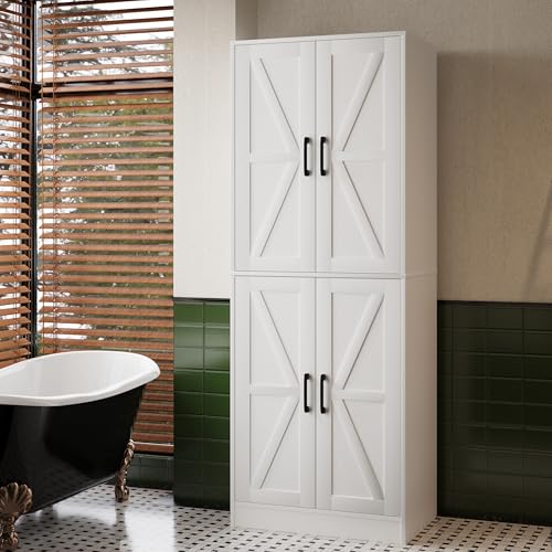 Image of IANUE Farmhouse Storage Cabinet - Pantry with 4 Doors, Tall Kitchen Pantry with Adjustable Shelves, Organizer, White Storage Cabinet for Kitchen Dining Room Bathroom