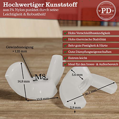 PD® Kunststoff Flügelmuttern M8 (DIN 315) | Hochwertige PA Nylon Flügelmutter | Plastik Muttern Schmetterlingsmuttern zur universellen Nutzung | 5 Stück