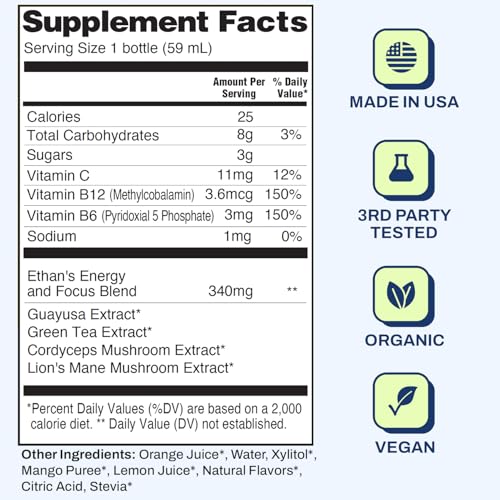 Image of Ethan's Organic Clean Energy Shots Orange Mango Extra Strength, 2 Pack of 2oz | 200mg Caffeine | Green Tea, Guayusa, Lion's Mane & Cordyceps | Sugar-Free, Vegan, Gluten-Free, USDA Organic