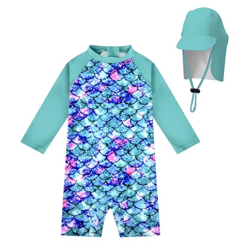 weVSwe Infant Swimsuit Girl One Piece UPF 50+ Baby Rash Guard Long Sleeve Toddler Swimsuit with Sun Hat Green Fish Scales 12-18 Months