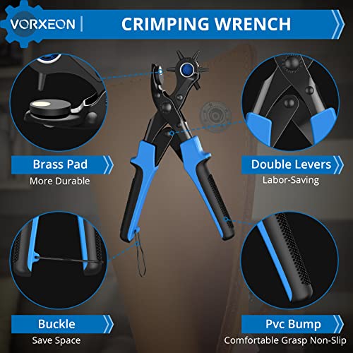 Vorxeon Belt Hole Puncher For Leather, 6 Sizes Revolving Hole Punch Pliers Set With Ruler, Grinding Rod, Plastic Hammer, 240Pcs Leather Double Cap Rivets And 100Pcs Leather Snap Fasteners #TOP3