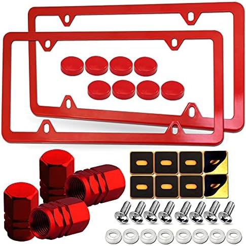 YoUoY Red License Plate Frames- Aluminum Front Rear Car Tag Covers for Men Women, 2 Pack 4 Hole Thin Slim Holders with Mounting Hardware Kit- Stainless Steel Screws, Rattle Proof Pads