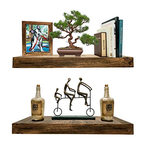 Flash Deals - 70% OFF Darvish & Saints Rustic Floating Shelves [Solid Wood] - Natural Grain, Farmhouse Distressed, True Flush Hidden Brackets, Modern Barn Shelf, Livingroom, Kitchen [Set of 2, Espresso Walnut, 24x6x2in]