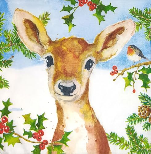 Set of 2 Individual Decoupage Paper Party Napkin Deer Fawn Robin Winter Watercolor Decor Luncheon Napkins for a Birthday Holiday, Wedding, Cocktail Party
