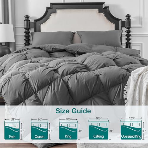 Image of KAKABELL Pinch Pleat Goose Down Feathers Fiber Comforter King Size All Season-Ultra Soft and Cozy Noiseless Duvet Insert with Egyptian Cotton Blend Cover,Fluffy Warm Comforter Insert(Grey,90 inchX106 inch)