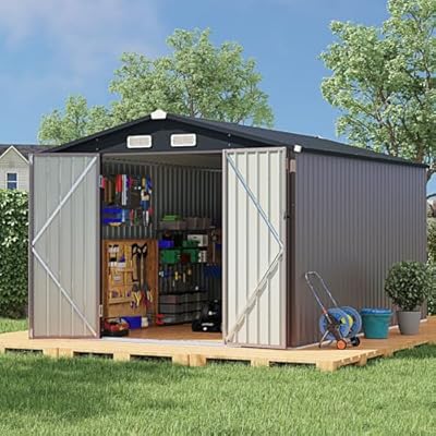Verano Garden 8x12FT Outdoor Storage Shed, Large Galvanized Steel Metal Garden Shed, Double Door W/Lock, Outdoor Storage House for Backyard, Patio, Lawn(137.72" Dx87.8 Wx76.77 H)
