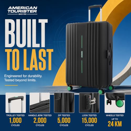 Image of American Tourister Cleva S | Luggage Trolley Bag (67 cm) | 360 8 Wheel Travel Luggage | 2 Compartments | Hard Luggage Polypropylene Suitcase | Mounted TSA Lock | 3 Years Warranty | Black & Aura Green