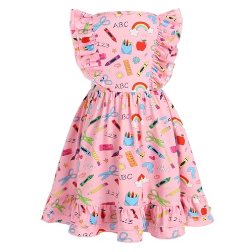 IMEKIS Toddler Kids Girls Back to School Dress Ruffle Sleeve Pencil Print Kindergarten First Day of School Outfit 3-8T2