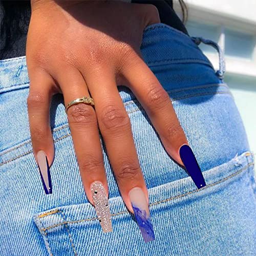Qingge Long Press On Nails Coffin Shaped Fake Nails Blue Stick On Acrylic Nails Sequins Glossy False Nails With Design For Women #TOP2