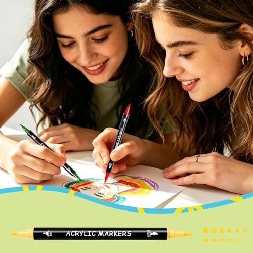 Image of Pagather 100 Colors Acrylic Paint Markers, Dual Tip with Fine Tip and Brush Tip Pens for Fabric, Stone, Wood, Canvas, Ceramic, Metal, Glass, Rock Painting, DIY Crafts Art Supplies Kit