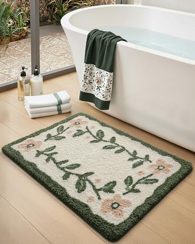 DEXI Floral Bathroom Rugs 32x20 Green Leaf Bathmat Non Slip Washable Absorbent Quick Dry Bath Mat Soft Plush Microfiber Cute Pink Flower Shower Rug for Shower Floor Tub Sink Beige