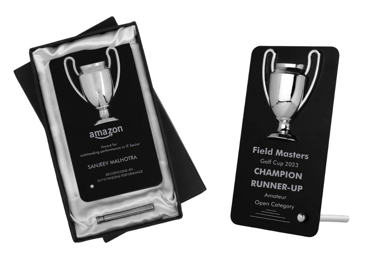 Design Pandit Winner Cup Desk Trophy with Stand Shiny Chrome Cup with Black Plate (F11a