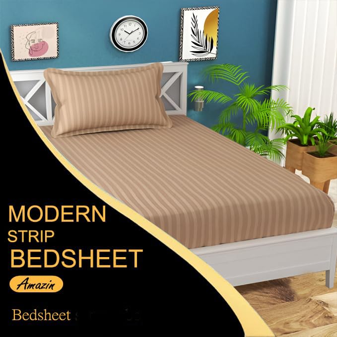 Image of 220 Cotton Feel Glace Cotton 1 Single Bedsheet with 1 Pillow Cover (90X60 Inch) Beige