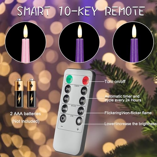 Image of Flamelss Advent Candles, 9.6 inch Real Wax Flameless Taper Candles with Remote, 4 Pack Flickering LED Candle Battery Operated Candlesticks for Christmas, Catholic, Advent, Wreath, Purple and Pink