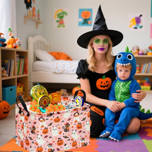 Image of Pink Halloween Storage Basket for Girls, Pumpkin Ghost Bat Spider Design