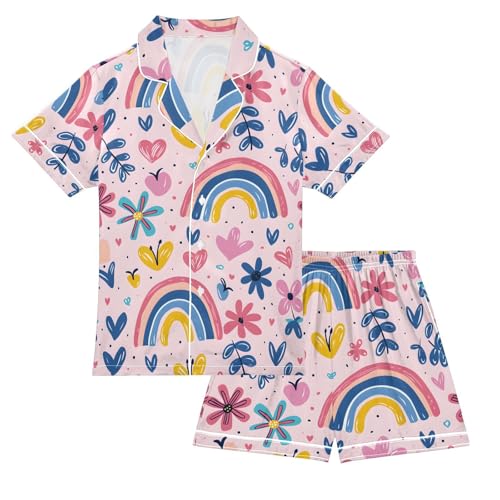 ALAZA Flower Rainbow Heart Pajamas Satin Pajama Set Short Sleeve Button Down Sleepwear