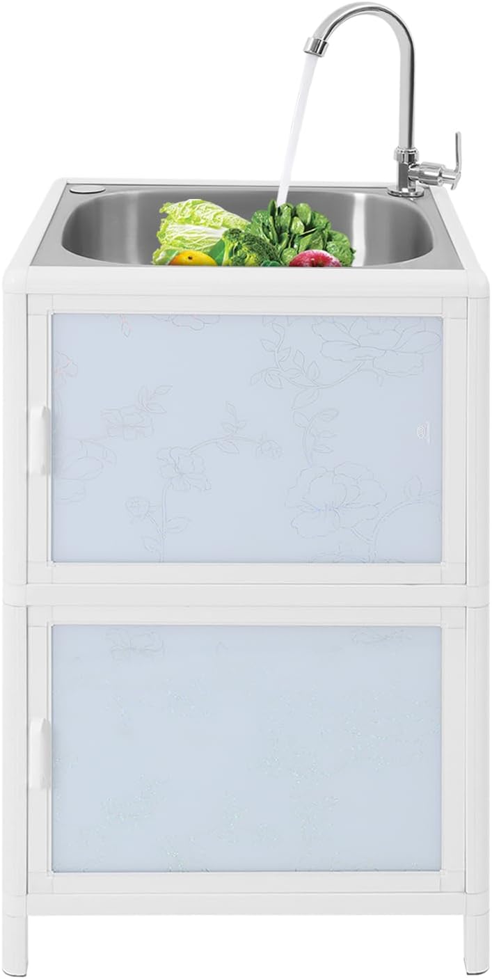 18in Kitchen Sink with Cabinet, Stainless Steel Single Bowl Utility Sinks with Faucet Accessories, Small Freestanding Sink Storage Combo for Laundry&Utility Room, Kitchen, Bathroom