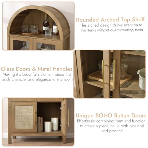 Image of 71 inch Tall Arched Display Cabinet, 5-Tier Bookshelf Modern Farmhouse Arched Bookcase with Glass Doors and Shelves, Wooden Pantry Storage Cabinet for Living Room, Office and Kitchen, Caramel Oak