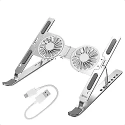 suporte para notebook com 2 coolers apoio base de aluminio 7 níveis Premium 2 velocidades Luz RGB on/off dobrável leve com cabo USB-C Manual e Bolsa para transporte