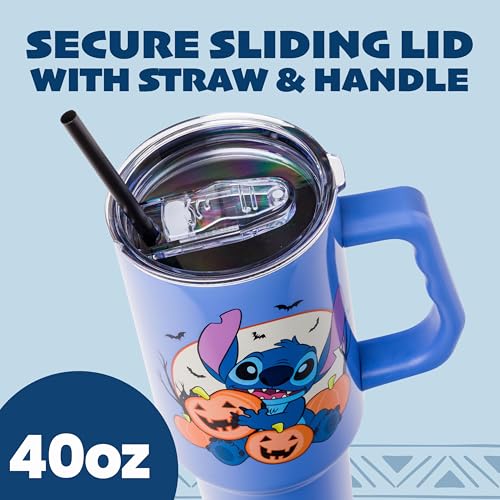 Image of Silver Buffalo Disney Lilo and Stitch Halloween Spooky Pumpkin Jack-O-Lantern Double Walled Stainless Steel Tumbler with Handle and Straw, Fits in Standard Cup Holder, 40 Ounces