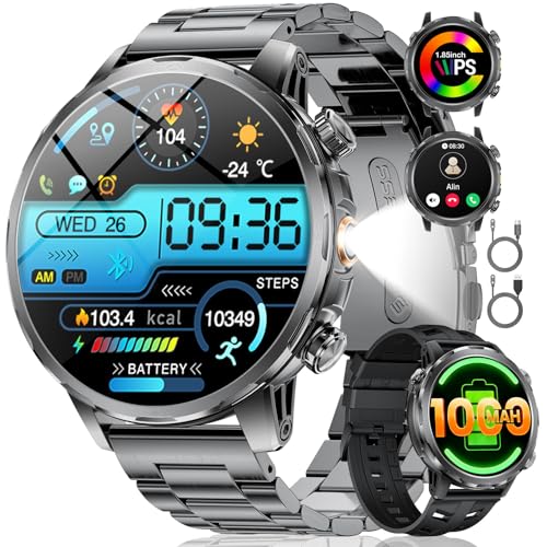 LIGE Smartwatch Herren 1000 mAh Akku, 1.85“ Großes Display Smart Watch/ LED Taschenlampe mit Telefonfunktion, Wasserdicht Fitnessuhr mit 110+ Sportmodi Herz- Schlaftracking für Android iOS