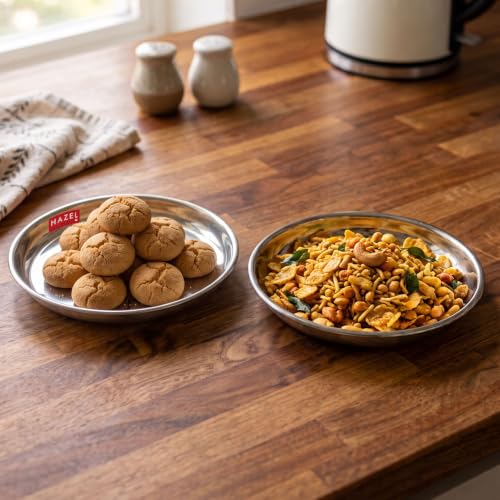 Image of HAZEL Stainless Steel Snack Plates with Mirror Finish | Quarter Plates Set for Kitchen | Glossy Finish Thali (17 CM, Set of 2)