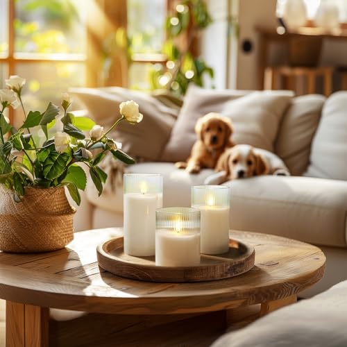 Image of Amagic Glass Flameless Candles with Remote, Battery Operated Candles with Timer, Real Wax LED Pillar Candles with Flickering Flame for Home Wedding Fall Decor, White, Set of 3