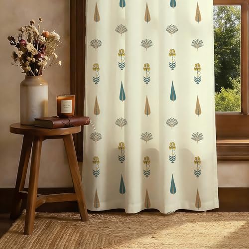 Image of Urban Space 100% Cotton Floral Curtains 8 Feet Long Set of 2, 60-65% Room Darkening, Decorative Curtains with Eyelets /Rings for Hanging, Tieback Included (Orchard Dark Teal, Long Door - 8 Feet)