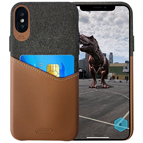REMAX Coque pour iPhone X Hiram Noir u0096 iPhone X Vintage Slim Premium PU Patchwork avec Chiffon PC Dur Coque arrière avec Carte Fente Slim Covers Back Coque pour Apple iPhone x 14,7 cm Noir