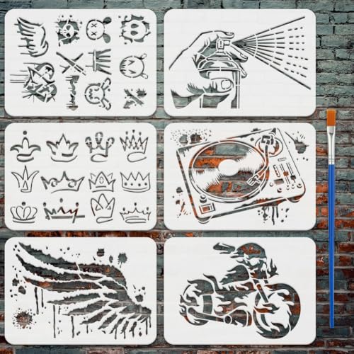 FINGERINSPIRE 6 Stück Graffiti Malschablone Mit Pinsel 21x29.7cm Graffiti Herz Kaninchen Krone Muster Zeichenvorlage Spray Hand Drehscheibe Flügel Flammen Motorrad Schablone Zum Bemalen