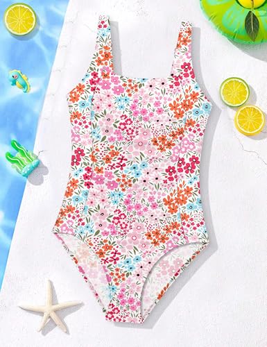 Image of Girl Swimsuit One Piece Bathing Suit for Girls Florals Print Ruched Adjustable Straps Padded Swimwear 9-18y