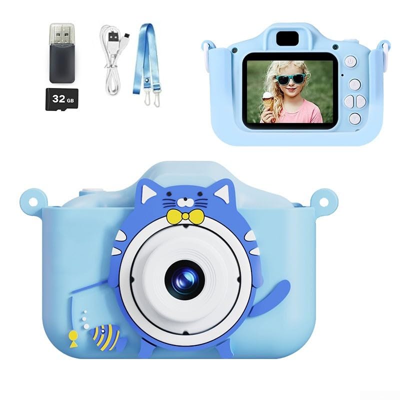 Springwillfly Kinder-Digitalkamera mit Dual-48-MP-Kameras, 1080P-Video, MP3-Player und interaktiven Spielen für kognitive Entwicklung und Spaß (Blau 32G)