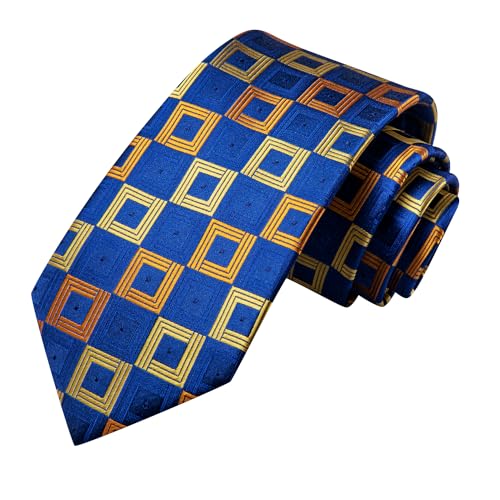 Image of Hi-Tie Mens Plaid Ties Classic Paisley Necktie with Handkerchief Cufflinks Set Business Stripe Tie