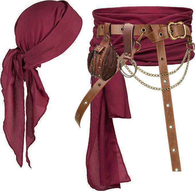 KOTORA Pirate Costume Pirate Head Scarf Bandanas Belt Waist Sash Medieval Belt Pouch Coin Purse Leather Hook Festival Sets (Chain-Brown) — image 1