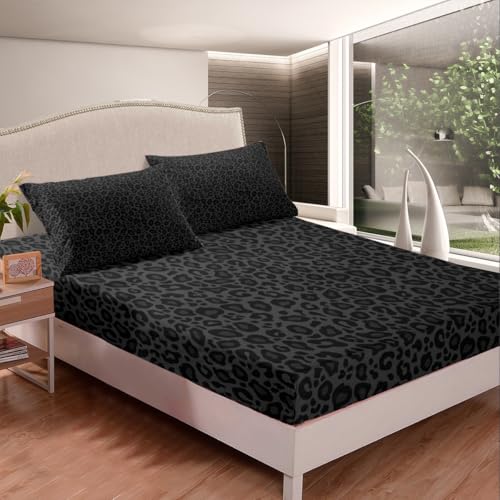 Castle Fairy Leopard Print Fitted Sheet Set Full Size 4 Pcs,Gray Wild Animal Skin Teens Sheets,African Cheetah Wildlife Bedding Sets (1 Fitted,1 Flat,2 Pillowcases) Luxury Deep Pocket Bed Sheets thumb #3