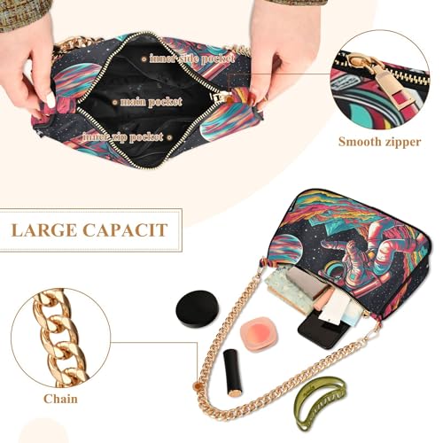 Colorful Astronaut Planet Space Designer Handbags Womens Floral Shoulder Purses Zipper Hobo Totes Purse Bags with Chain Strap4