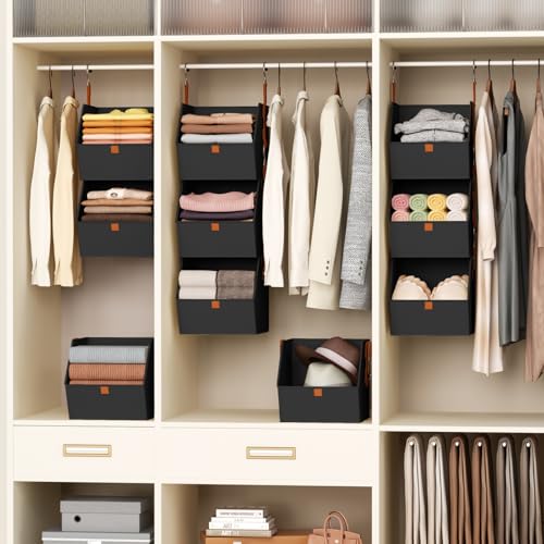 Image of Homsorout Collapsible Hanging Closet Organizer - 6 Tier Closet Shelves Storage System with Hooks, Fabric Hanging Storage Bins for Clothes, Foldable Storage Basket for Laundry, Bedroom, Rv, Black