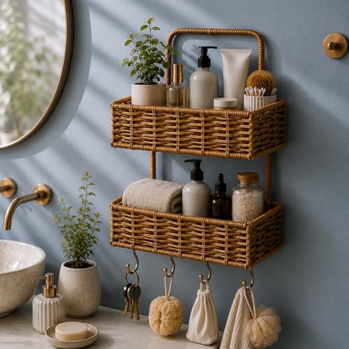 Image of Amazon Brand - Umi Handwoven Raffia Wall Hanging 2 Tier Storage Basket Organizer with 2 Self Adhesive Hooks & 4 Hooks Natural Wicker Shelf Basket for Bathroom Living Room Office (26x18.5x34 cm)