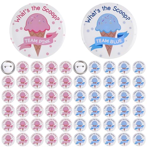 Guiqulai Gender Reveal Button Pins 60 PCS - Whats the Scoop Boy or Girl Pins Pink or Blue Brooch for Baby Showers Gender Reveal Party favors