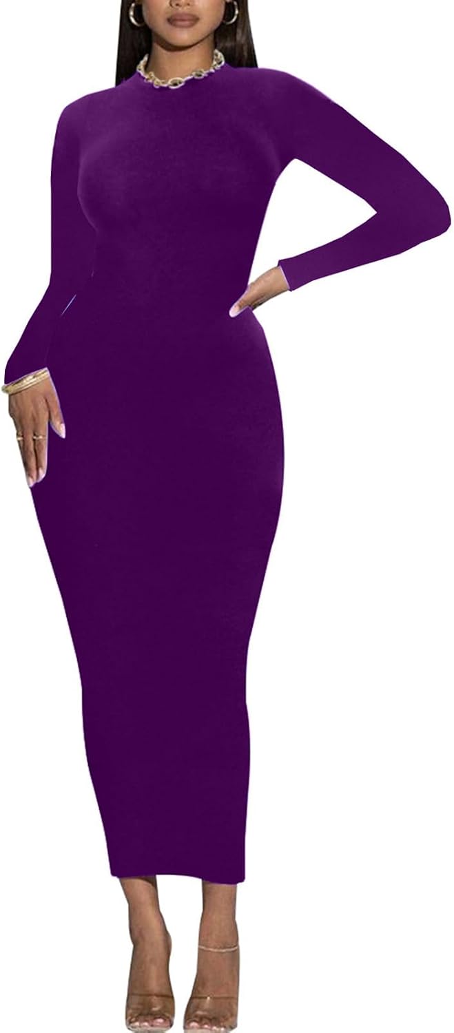 Women's Long Sleeve Bodycon Dress - Maxi Casual Fall Club Party Long Tight Pencil Dresses - Image 2