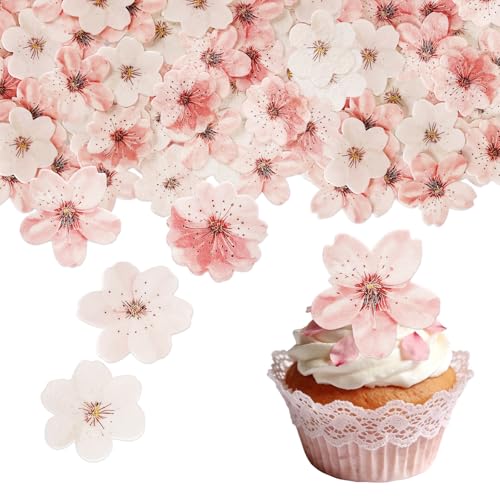 50 PCS Edible Cherry Blossoms Cupcake Toppers Wafer Rice Paper Cherry Blossom Flowers for Cake and Cupcake Decorations Baby Shower Kids Birthday Party Wedding Bridal Shower Spring Tea Party