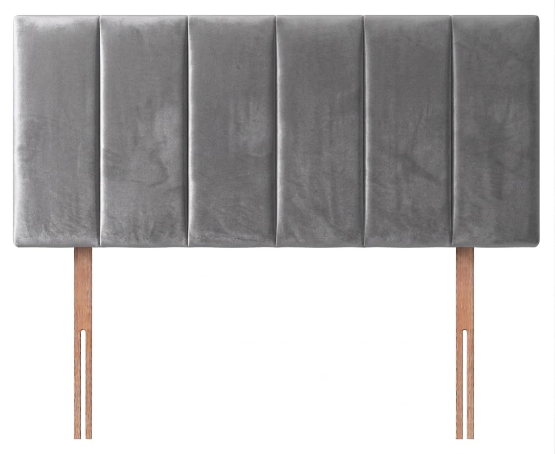 Hometric Plush Fabric Padded Vertical Lined Headboard for Divan Bed | Upholstered Bedroom Furniture with Wooden Struts | Adjustable 20 Inch Height | Single Double King Sizes, Grey