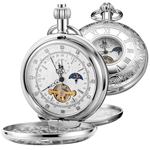 Image of Men's Mechanical Pocket Watch with Chain, Vintage Full Copper Hand-Wind Second&24hours Sub-dials Pocket Watches for Men with Box