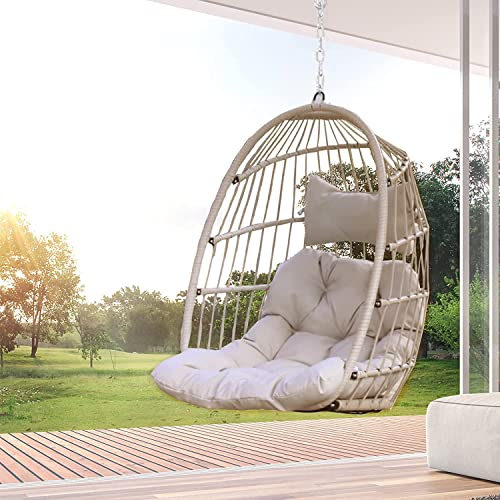 Bulexyard Swing Egg Chair Without Stand For Bedroom, Outdoor Ceiling Chair Wicker Tree Hanging Chair W/Cushion & 265Lbs Capacity Chain For Indoor Home Living Room, Cream #TOP8
