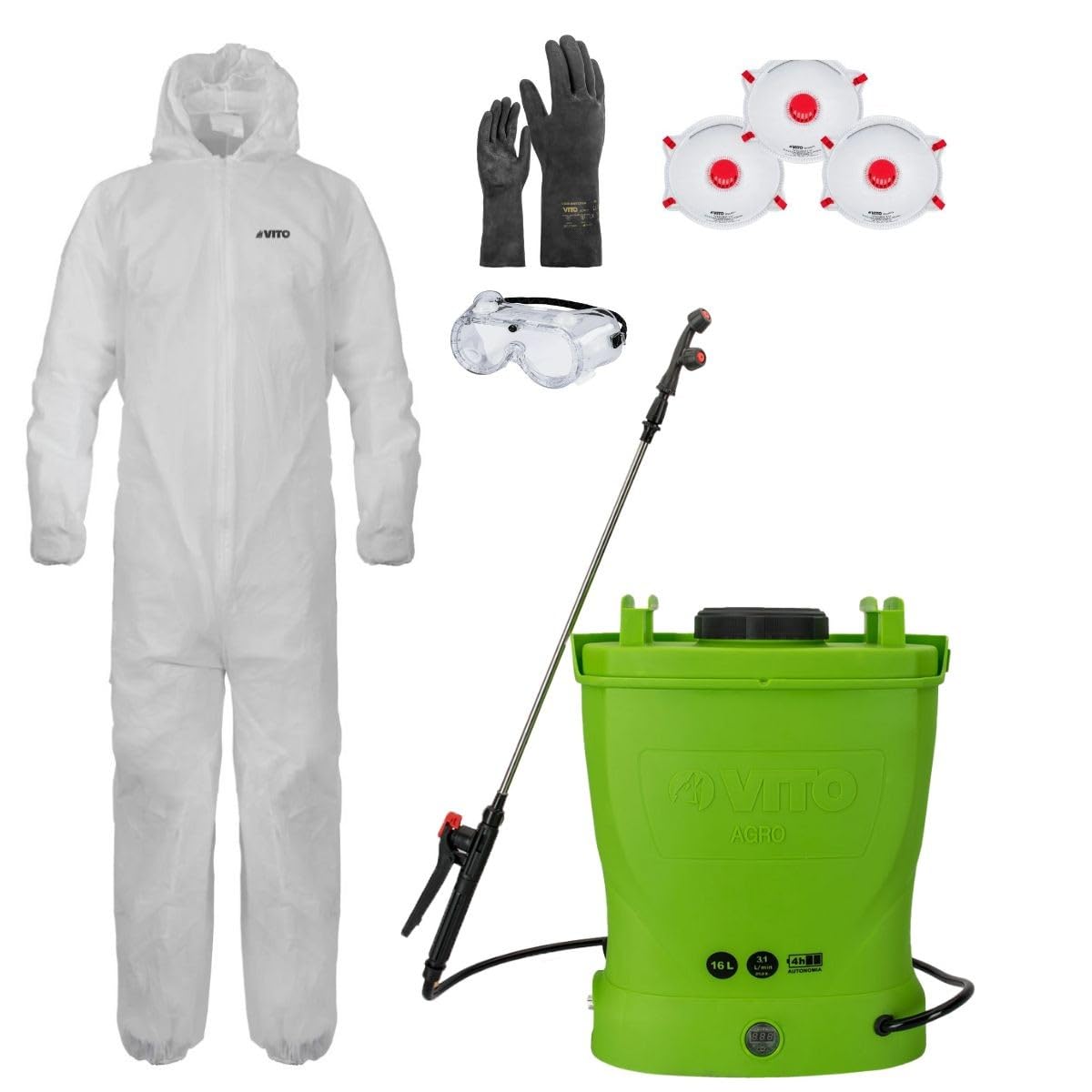 VITO Elektryczny opryskiwacz akumulatorowy 16L + jednorazowy kombinezon ochronny do ogrodu + akcesoria ochronne i spray