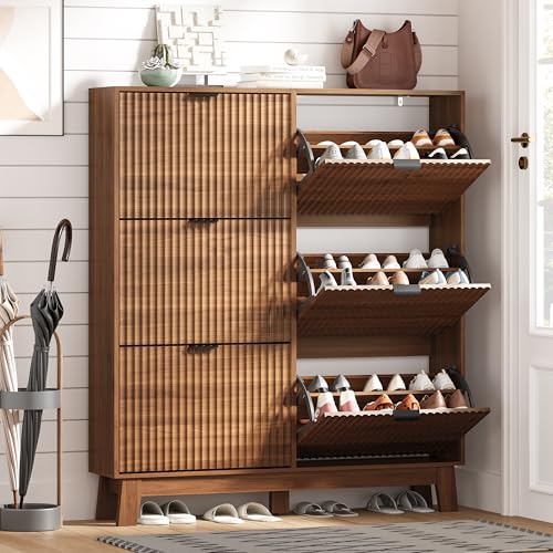 Image of Shoe Cabinet Storage for Entryway with 6 Flip Drawers, Fluted Narrow Shoe Organizer with Wooden Legs, Freestanding Slim Shoe Storage Hidden Shoe Rack Organizer for Front Door Entrance, Walnut