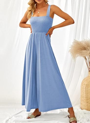 Dokotoo Women's Loose Casual Crewneck Jumpsuits For Women Solid Sleeveless Elasitic Stretchy Wide Leg Long Romper Summer Beach Overall Sky Blue Small #TOP1