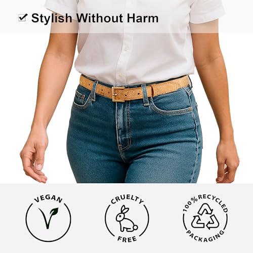 Women's Slim Belt 1" – Cork Strap with Gold or Silver Nickel-Free Buckle, Vegan, Lightweight, Eco-Conscious2