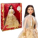Barbie Lalka świąteczna Barbie Signature z czarnymi włosami w złocistej sukni i ozdobnym pudełku, prezent sezonowy dla kolekcjonerów HJX07
