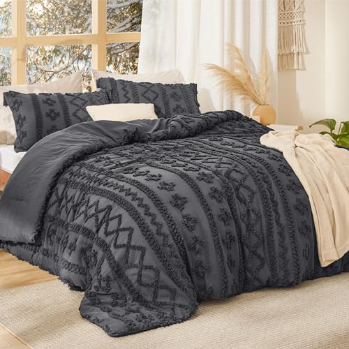 Image of Bedsure Tufted Boho Comforter Set King Size - Dark Grey Boho Bed Set, GentleSoft 3 Pieces Farmhouse-Style Embroidery Bedding, Gifts for Woman, Soft Jacquard Kids' King Comforter for All Seasons